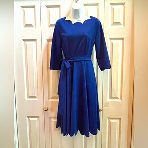 Royal Blue Scalloped Dress with tie belt, Size Medium/6-8